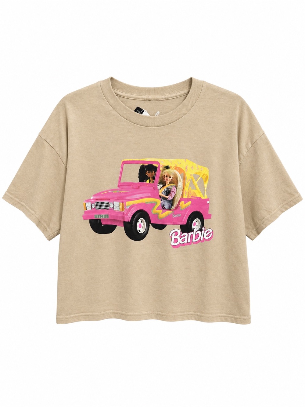 Woman’s NWT Barbie Beige Tee with Pink & Yellow Jeep Graphic, Size Large